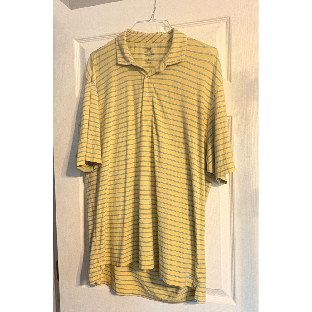 Peter Millar Polo Shirt Mens XL Yellow Blue Stripe Seaside Wash Casual Golf